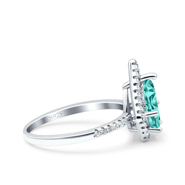 Halo Art Deco Solitaire Accent Pear Wedding Bridal Ring Simulated Paraiba Tourmaline CZ 925 Sterling Silver